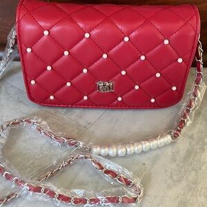 Badgley Mischka   NWT  Beautiful ruby red Crossbody Bag   Quilted  beaded/pearls